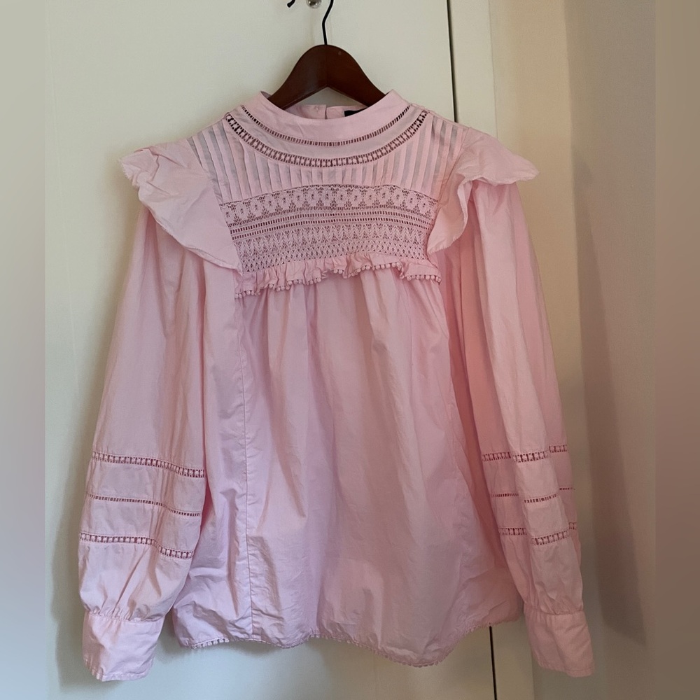 J. Crew Light Pink Lace & Pintuck Ruffle Blouse
